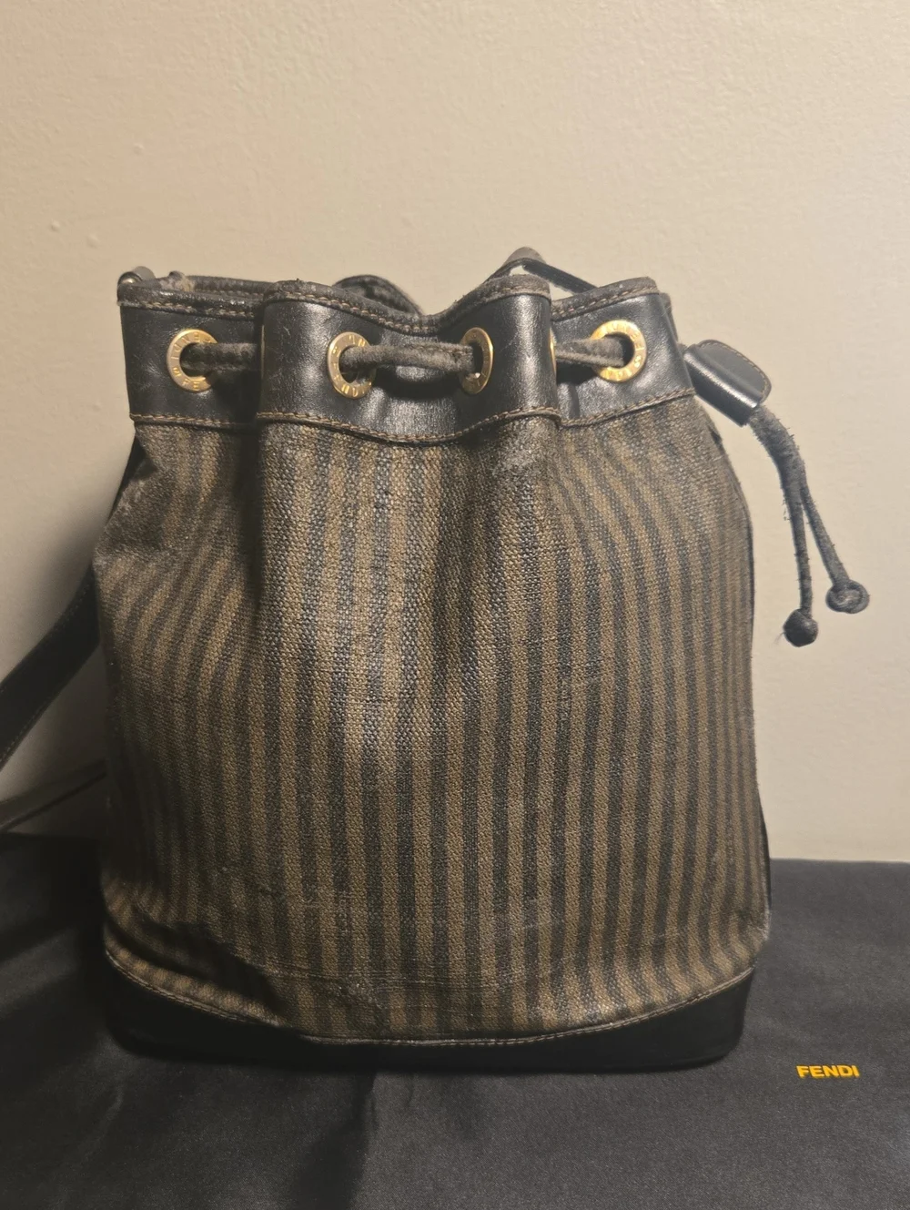Fendi Brown Striped Canvas Drawstring Crossbody Bag with Pouch